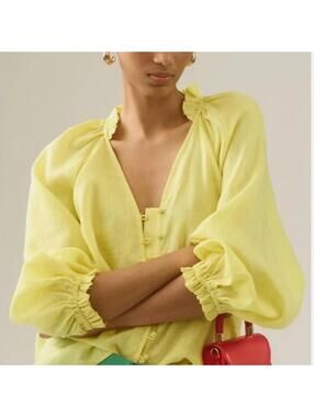 Anthropologie, The Audie Linen Puff-Sleeve Blouse, Canary Yellow, XL